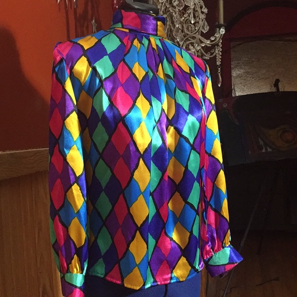 Vintage 80’s multi colored patterned blouse M/L - Picture 2 of 8